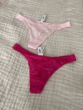 PINK Victoria's Secret Light Pink & Hot Pink Lace Thongs S